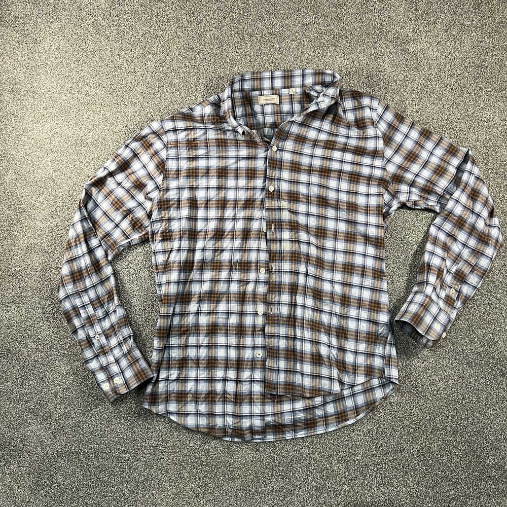 Savannah Men's Large Plaid Button Up Shirt Blue Brown Long Sleeve Casual